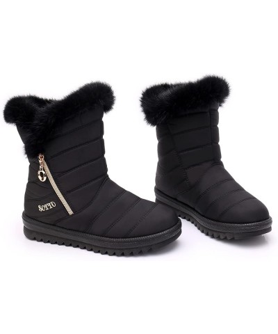 Womens Warm Snow Boots Waterproof Black Mid Calf Boots Outdoor Booties Comfortable Shoes Women Side Zipper Memory Foam Fur Wi...