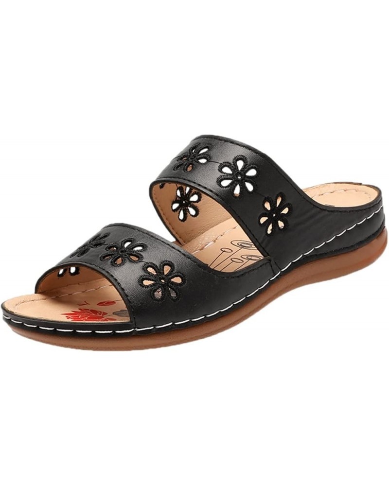 Plus Size Leather Wedge Sandals Women Non Slip Hollow Flower Wide Fitting Slippers Summer Durable Open Toe Slides Beach Shoes...