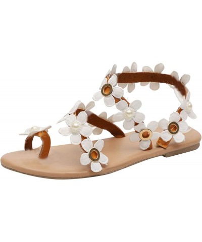 Women's Sandals Flat Women's Bohemia Bling Rhinestone Pearl Flat Gladiator Shoes Toe Ring Dress9 White $8.42 Sandals