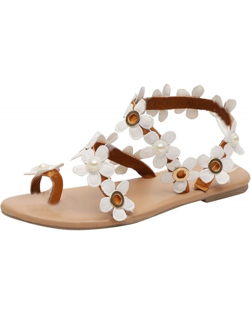 Women's Sandals Flat Women's Bohemia Bling Rhinestone Pearl Flat Gladiator Shoes Toe Ring Dress9 White $8.42 Sandals