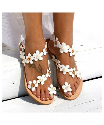 Women's Sandals Flat Women's Bohemia Bling Rhinestone Pearl Flat Gladiator Shoes Toe Ring Dress9 White $8.42 Sandals