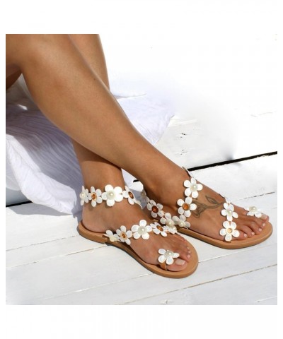 Women's Sandals Flat Women's Bohemia Bling Rhinestone Pearl Flat Gladiator Shoes Toe Ring Dress9 White $8.42 Sandals