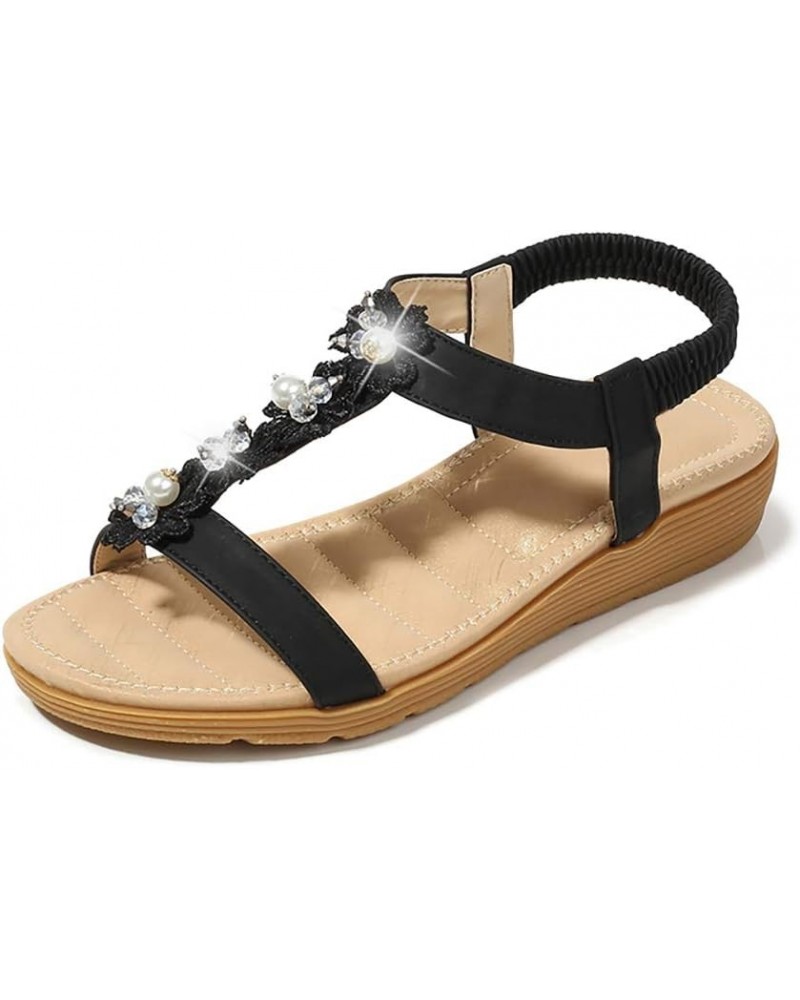 Sandals for Women Womens Bohemia Beaded Flower Summer Beach Platform T-Strap Flat Flip Flops Sandals Shoes Black $14.28 Sandals