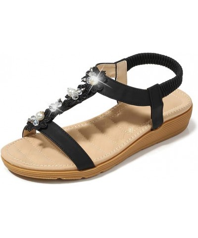 Sandals for Women Womens Bohemia Beaded Flower Summer Beach Platform T-Strap Flat Flip Flops Sandals Shoes Black $14.28 Sandals