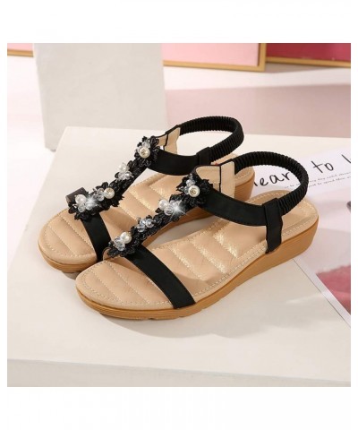 Sandals for Women Womens Bohemia Beaded Flower Summer Beach Platform T-Strap Flat Flip Flops Sandals Shoes Black $14.28 Sandals