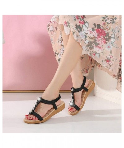 Sandals for Women Womens Bohemia Beaded Flower Summer Beach Platform T-Strap Flat Flip Flops Sandals Shoes Black $14.28 Sandals