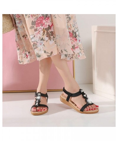 Sandals for Women Womens Bohemia Beaded Flower Summer Beach Platform T-Strap Flat Flip Flops Sandals Shoes Black $14.28 Sandals