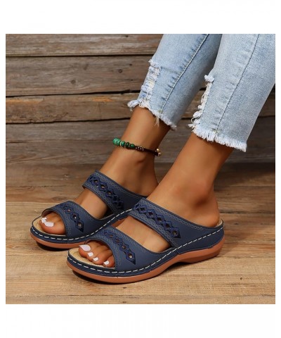 Embellished Sandals for Women On Casual Open Toe Wedges Soft Bottom Breathable Slippers Shoes Sandals Dark Blue $6.35 Sandals