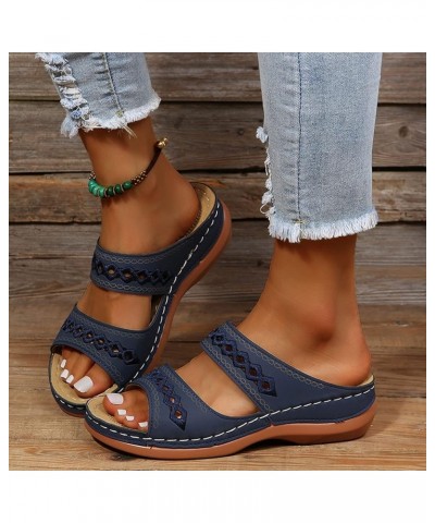 Embellished Sandals for Women On Casual Open Toe Wedges Soft Bottom Breathable Slippers Shoes Sandals Dark Blue $6.35 Sandals