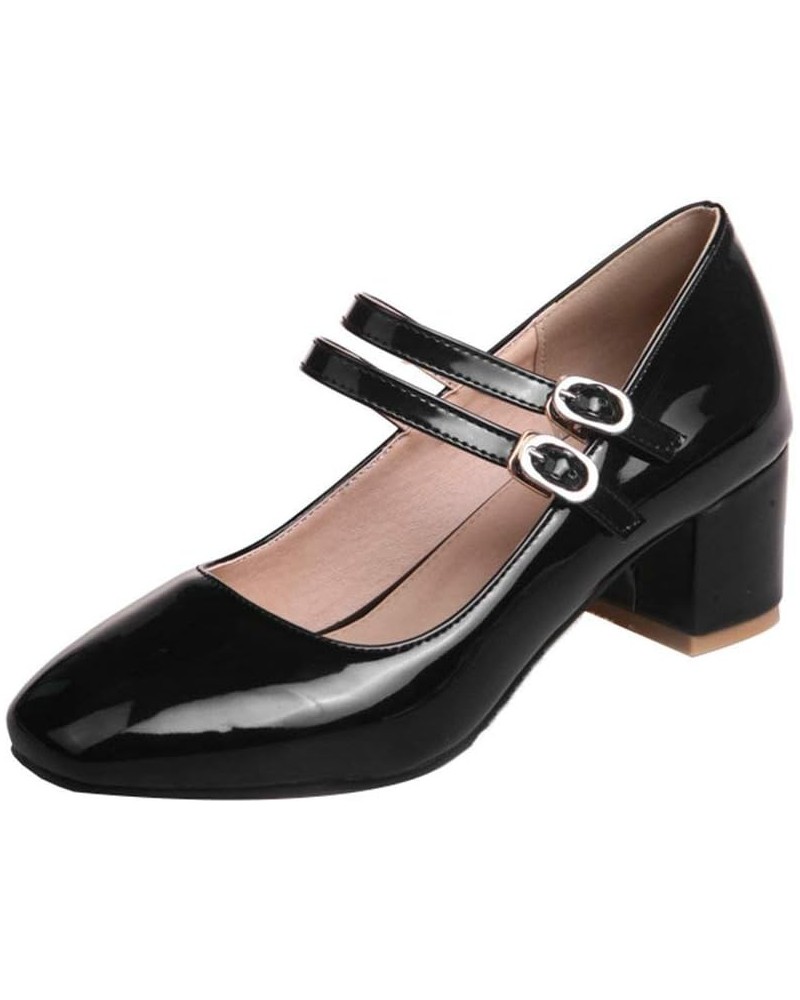 Women's Mary Janes Mid Chunky Heel Patent Leather Block Heeled Pumps with Buckle Strap Black $22.29 Pumps