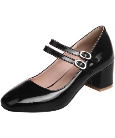 Women's Mary Janes Mid Chunky Heel Patent Leather Block Heeled Pumps with Buckle Strap Black $22.29 Pumps