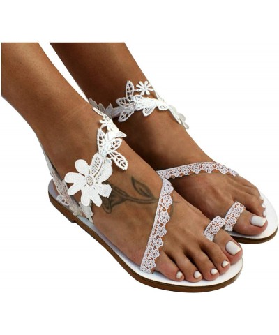 Sandals Women Dressy Summer Boho Floral Lace Slip On Flat Sandals Toe Ring Flip Flop Beach Thong Sandals Z05-white $15.07 San...