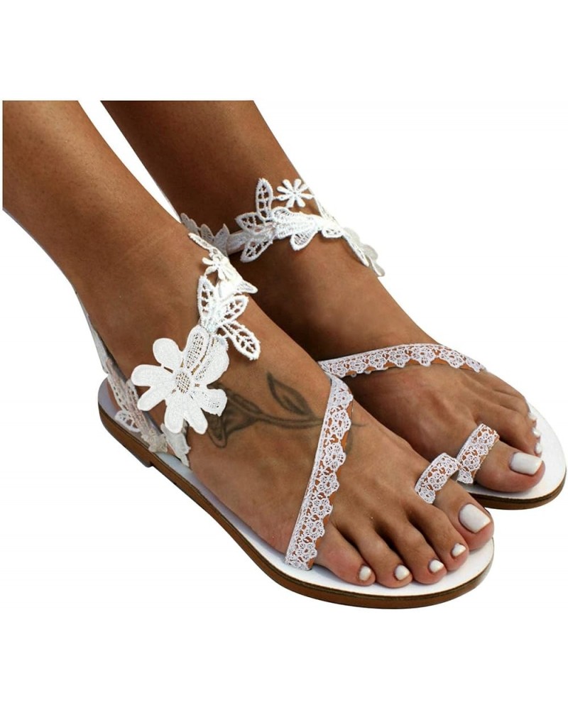 Sandals Women Dressy Summer Boho Floral Lace Slip On Flat Sandals Toe Ring Flip Flop Beach Thong Sandals Z05-white $15.07 San...