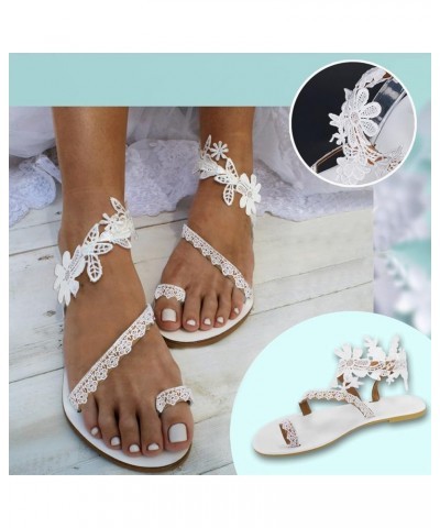 Sandals Women Dressy Summer Boho Floral Lace Slip On Flat Sandals Toe Ring Flip Flop Beach Thong Sandals Z05-white $15.07 San...