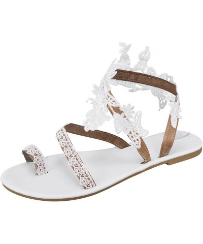 Sandals Women Dressy Summer Boho Floral Lace Slip On Flat Sandals Toe Ring Flip Flop Beach Thong Sandals Z05-white $15.07 San...