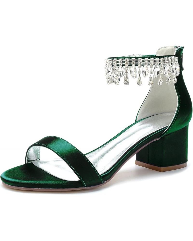 Women's Open Toe Block Heels Crystal Wedding Sandals Ankle Strap Satin Evening Party Prom Dress Shoes Summer Sandals Green $3...