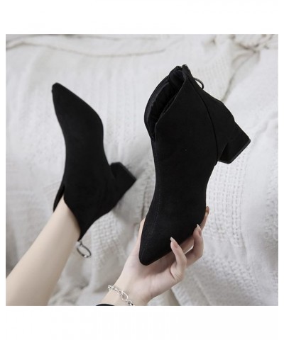 Womens Pointed Toe Ankle Boots Dressy Comfortable Suede V-cut Chunky Block Heel Fashion Chelsea Boots Back Zipper Ladies Wint...