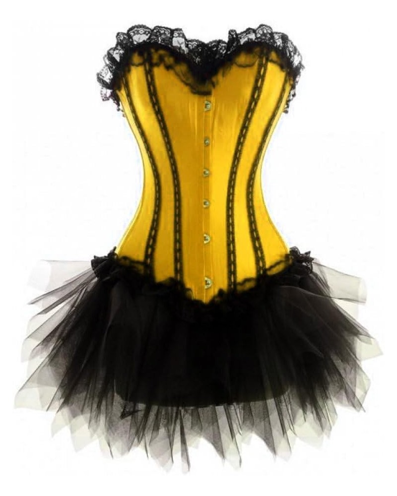 Yellow Satin Black Net Goth Burlesque Corset Waist Shaper Costume Overbust Dress Yellow $47.29 Boots