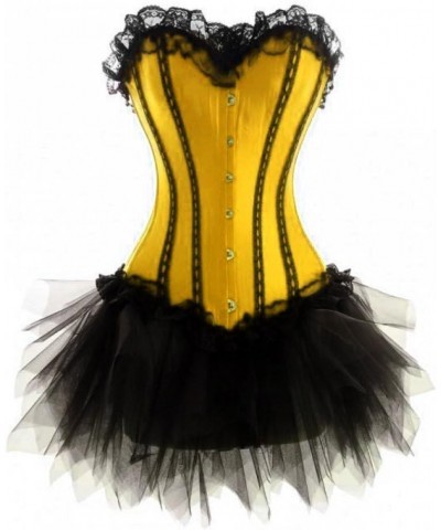 Yellow Satin Black Net Goth Burlesque Corset Waist Shaper Costume Overbust Dress Yellow $47.29 Boots