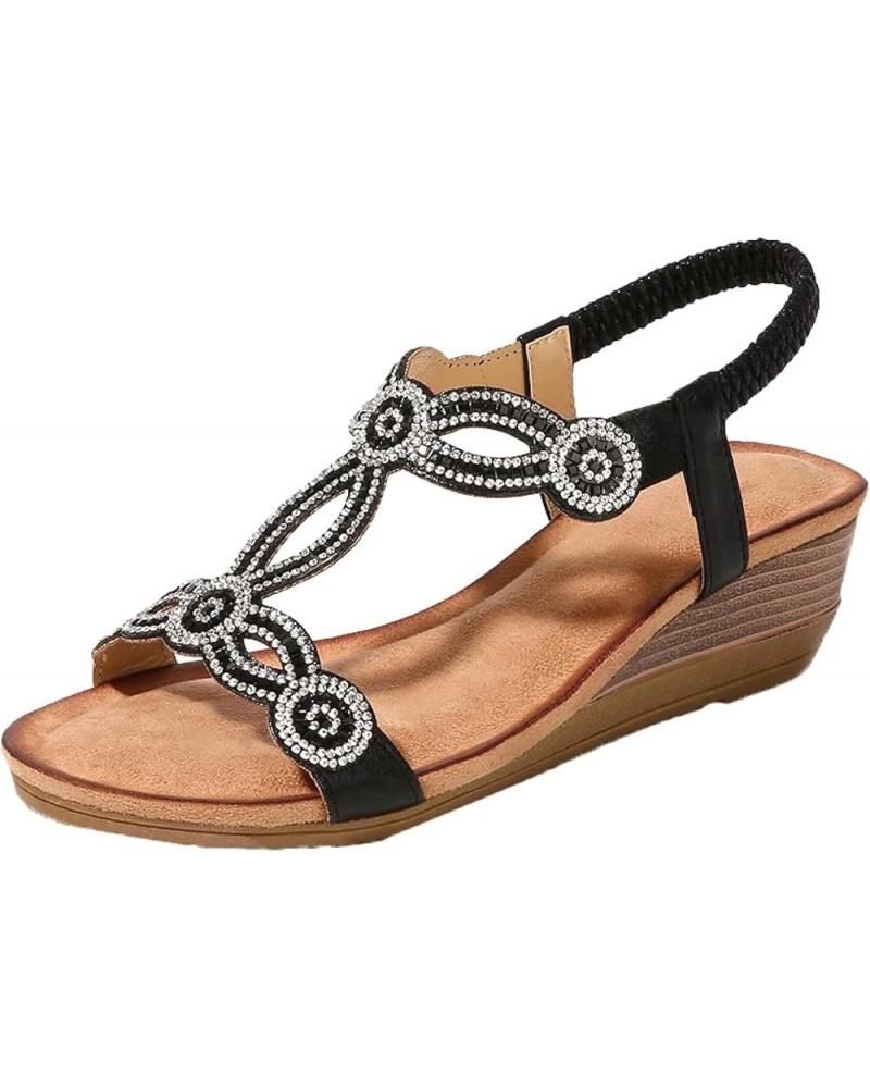 Women's Summer Beach Sandals Open Toe Double Head Round Rhinestone Elastic Lace up Wedge Roman Casual Sandals Black $23.62 Sa...