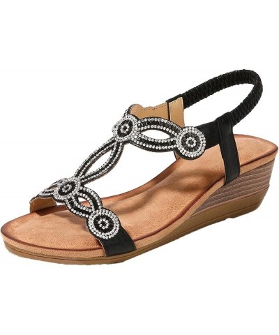 Women's Summer Beach Sandals Open Toe Double Head Round Rhinestone Elastic Lace up Wedge Roman Casual Sandals Black $23.62 Sa...