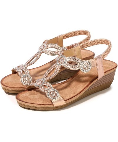 Women's Summer Beach Sandals Open Toe Double Head Round Rhinestone Elastic Lace up Wedge Roman Casual Sandals Black $23.62 Sa...