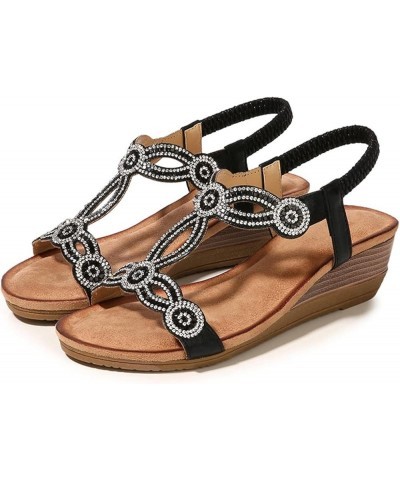 Women's Summer Beach Sandals Open Toe Double Head Round Rhinestone Elastic Lace up Wedge Roman Casual Sandals Black $23.62 Sa...