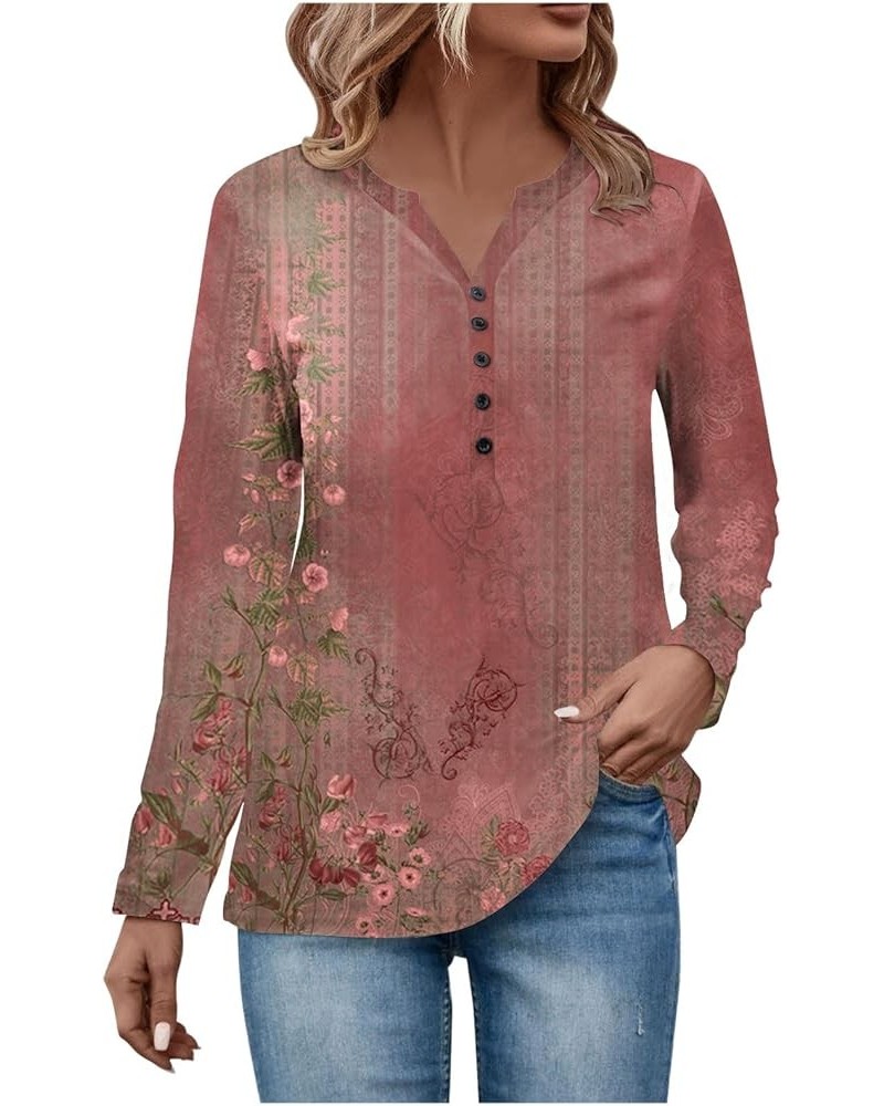 Shirt Sleeves Fall Ethnic Floral Baggy Bohemian Tops Long Sleeve Neck V Neck Button Down Shirts Woman's Shirts B-red➤➤ Indepe...