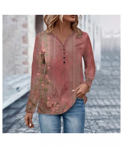 Shirt Sleeves Fall Ethnic Floral Baggy Bohemian Tops Long Sleeve Neck V Neck Button Down Shirts Woman's Shirts B-red➤➤ Indepe...