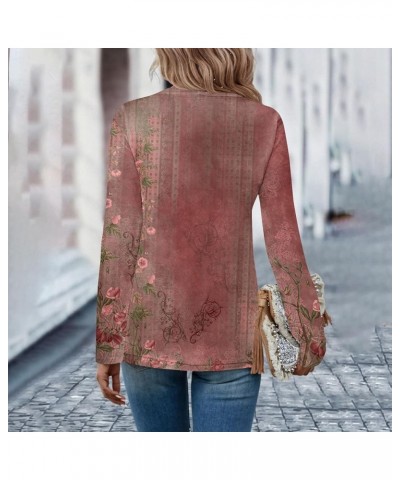 Shirt Sleeves Fall Ethnic Floral Baggy Bohemian Tops Long Sleeve Neck V Neck Button Down Shirts Woman's Shirts B-red➤➤ Indepe...