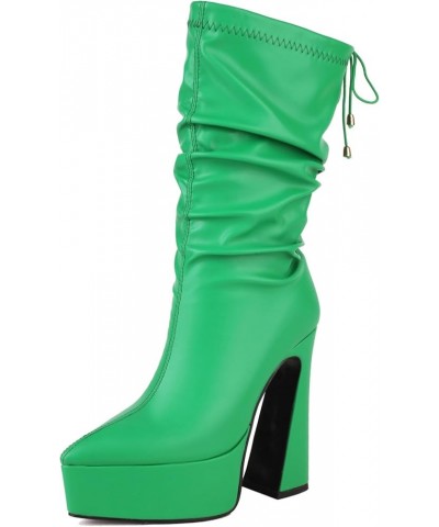 Fashion Women Platform Stretch Boots Ankle High Pull on Chunky High Heels 359 Green $26.67 Boots