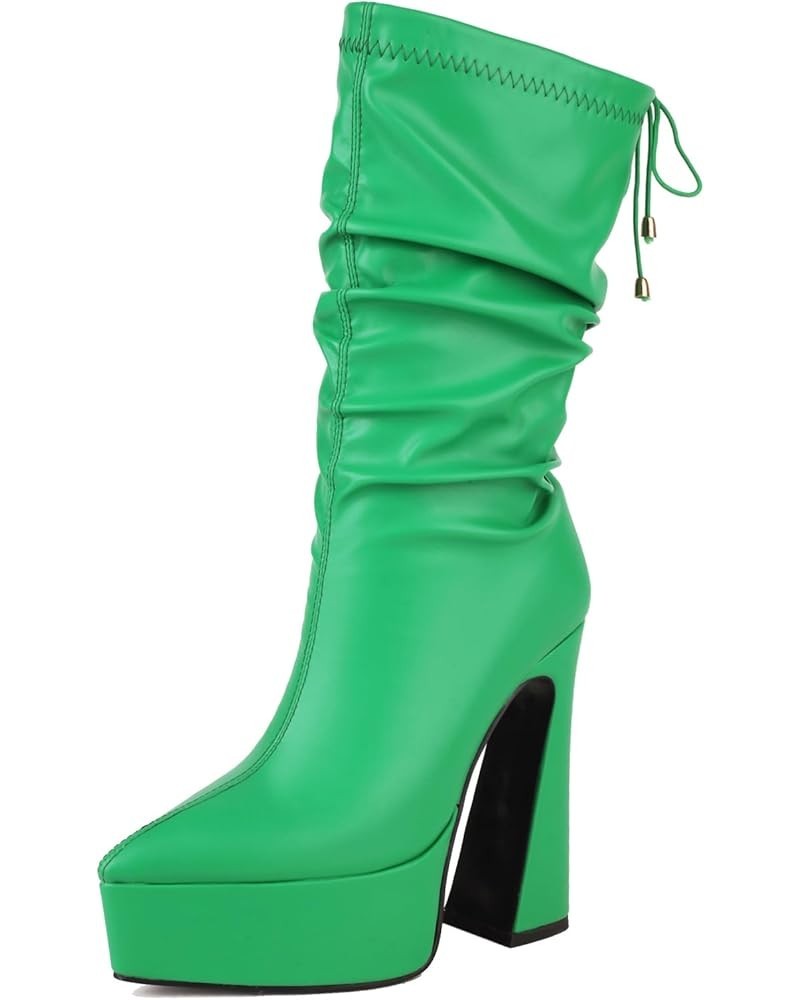 Fashion Women Platform Stretch Boots Ankle High Pull on Chunky High Heels 359 Green $26.67 Boots