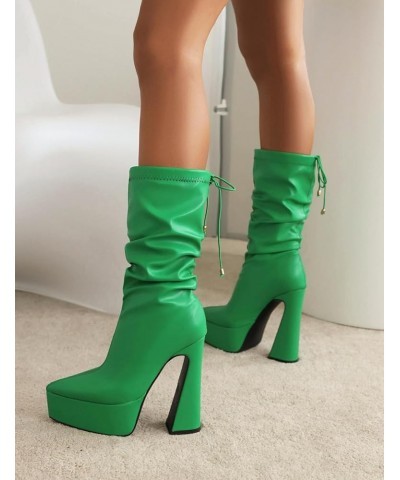 Fashion Women Platform Stretch Boots Ankle High Pull on Chunky High Heels 359 Green $26.67 Boots