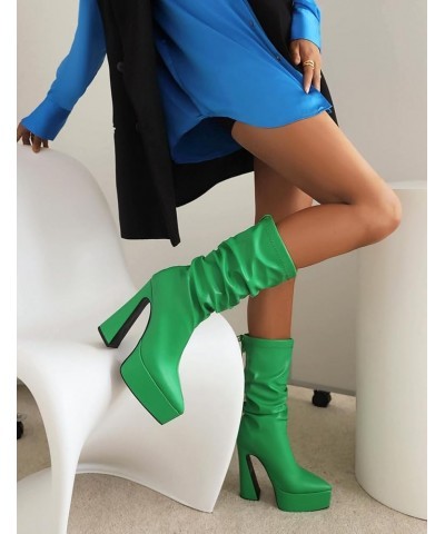 Fashion Women Platform Stretch Boots Ankle High Pull on Chunky High Heels 359 Green $26.67 Boots