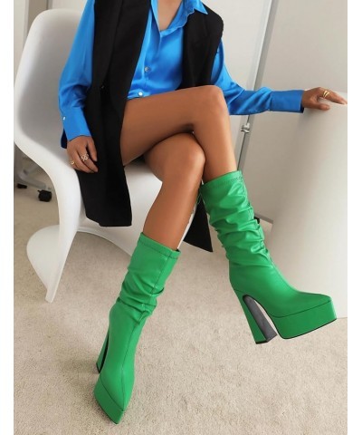 Fashion Women Platform Stretch Boots Ankle High Pull on Chunky High Heels 359 Green $26.67 Boots