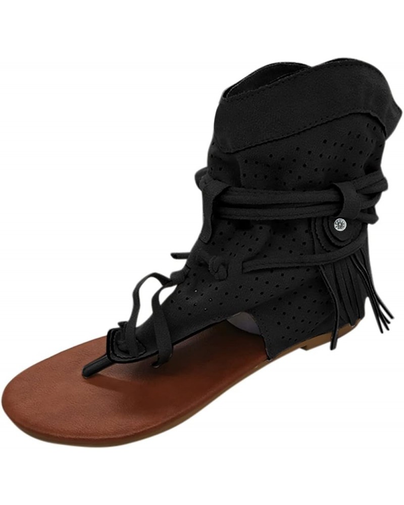 Womens Sandals Fashion Flat Summer Comfy Strappy Sandals Open Toe Dressy Sandals Cut Out Lace Up Slides Za-black $11.60 Sandals