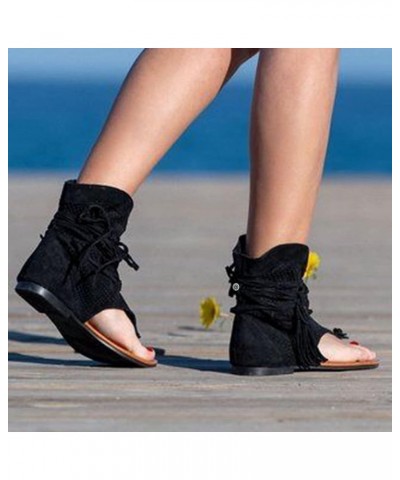 Womens Sandals Fashion Flat Summer Comfy Strappy Sandals Open Toe Dressy Sandals Cut Out Lace Up Slides Za-black $11.60 Sandals