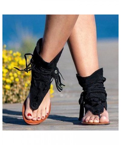 Womens Sandals Fashion Flat Summer Comfy Strappy Sandals Open Toe Dressy Sandals Cut Out Lace Up Slides Za-black $11.60 Sandals