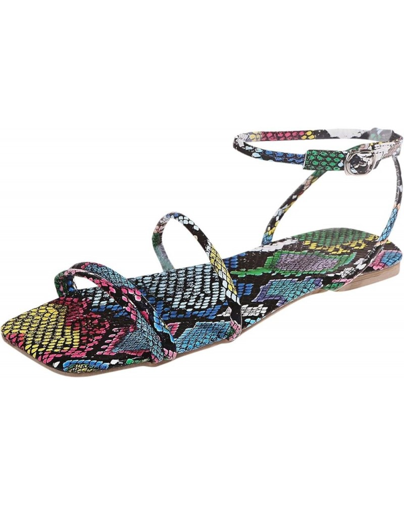 Women's Casual Snake Print Sashion Fine Strap Buckle Flat Beach Sandals 1-blue $15.36 Sandals