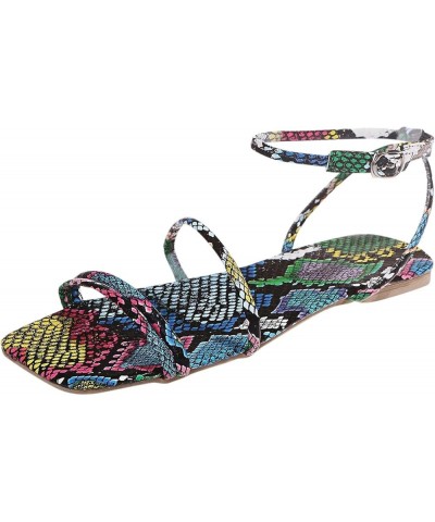 Women's Casual Snake Print Sashion Fine Strap Buckle Flat Beach Sandals 1-blue $15.36 Sandals