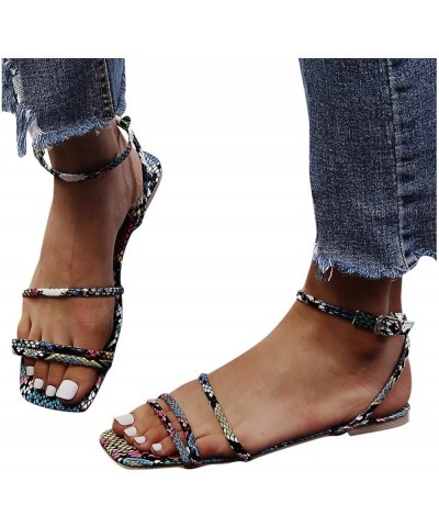 Women's Casual Snake Print Sashion Fine Strap Buckle Flat Beach Sandals 1-blue $15.36 Sandals