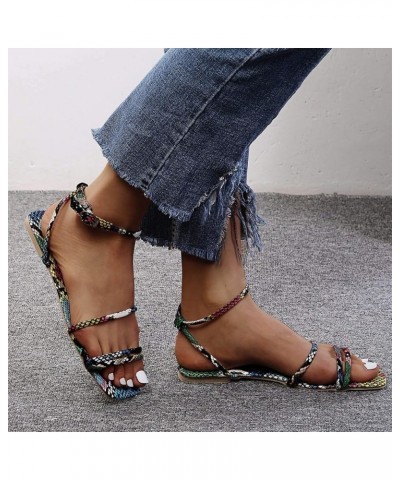 Women's Casual Snake Print Sashion Fine Strap Buckle Flat Beach Sandals 1-blue $15.36 Sandals