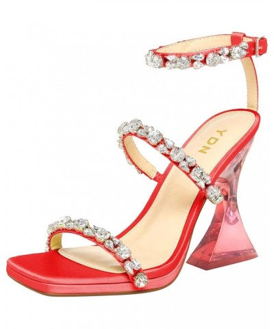 Women Square Open Toe Rhinestone Sandals Ankle Strap Crystal Chunky High Heels Cocktail Party Formal Shoes Size 4-15 US Red $...