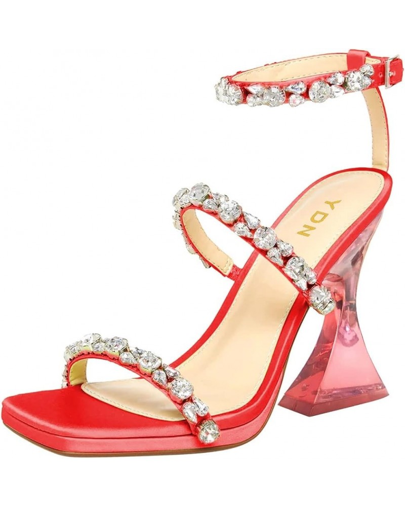 Women Square Open Toe Rhinestone Sandals Ankle Strap Crystal Chunky High Heels Cocktail Party Formal Shoes Size 4-15 US Red $...