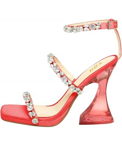 Women Square Open Toe Rhinestone Sandals Ankle Strap Crystal Chunky High Heels Cocktail Party Formal Shoes Size 4-15 US Red $...