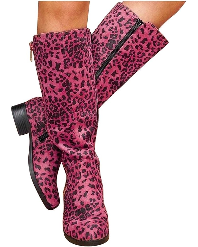 Womens Mid Calf Boots Ladies Round Toe Low Heel Comfort Leopard Combat Shoes Motorcycl Booties with Side Zipper 5.5 Pink $15....