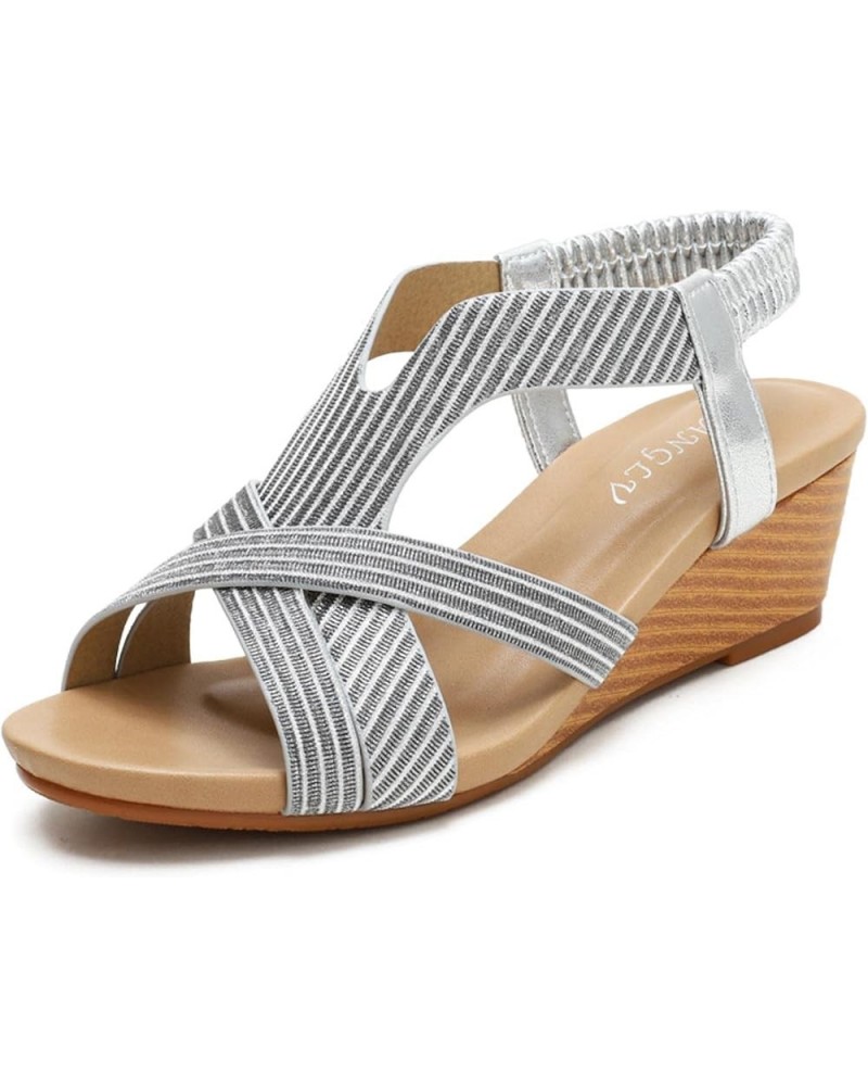 Bohemian National Wind Open Toe Summer Comfortable Vacation Women Sandals 5cm Slope with Roman Sandals Silver 6.5 Silver $37....