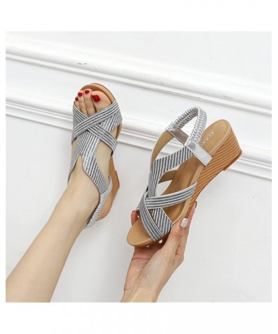 Bohemian National Wind Open Toe Summer Comfortable Vacation Women Sandals 5cm Slope with Roman Sandals Silver 6.5 Silver $37....