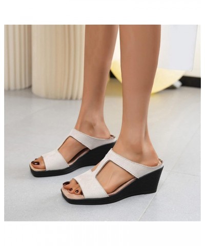 Platform Sandals Ladies Fashion Solid Color Suede Square Open Toe Wedge Heel Sandals Arch Support Thick Sole Sandals Beige $2...