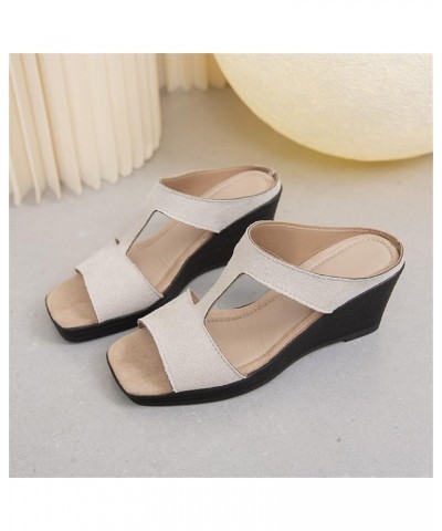 Platform Sandals Ladies Fashion Solid Color Suede Square Open Toe Wedge Heel Sandals Arch Support Thick Sole Sandals Beige $2...